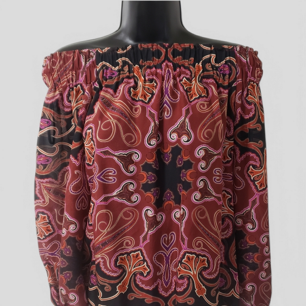 Rachel Zoe Silk Off Shoulder Blouse Paisley Flare Top Sz‎ 2 Whimsigoth Fairycore - Picture 2 of 15